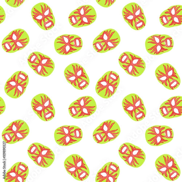 Fototapeta Luchador or fighter mask. Seamless pattern with hand-drawn lucha libre - free fight - masks - helmets on the white background. Real watercolor drawing.