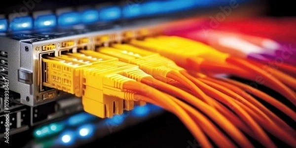 Fototapeta A close-up view of network cables connected to a server, showcasing vibrant colors and intricate technology in a data center.