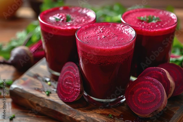 Fototapeta three glasses of freshly squeezed beet juice placed on a wooden surface.  
