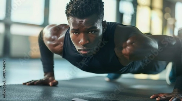 Fototapeta Man doing push-ups on a gym mat, highlighting core strength and fitness