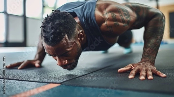 Fototapeta Man doing push-ups on a gym mat, highlighting core strength and fitness