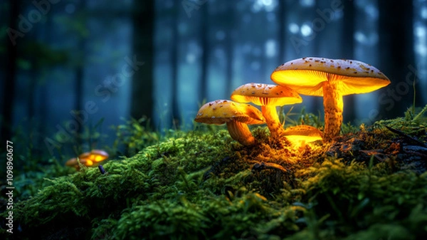 Fototapeta Glowing Mushrooms in Mystical Forest at Dusk