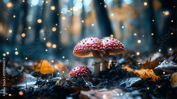 Fototapeta Magical Fly Agaric Mushrooms with Glowing Fairy Lights in Enchanted Forest