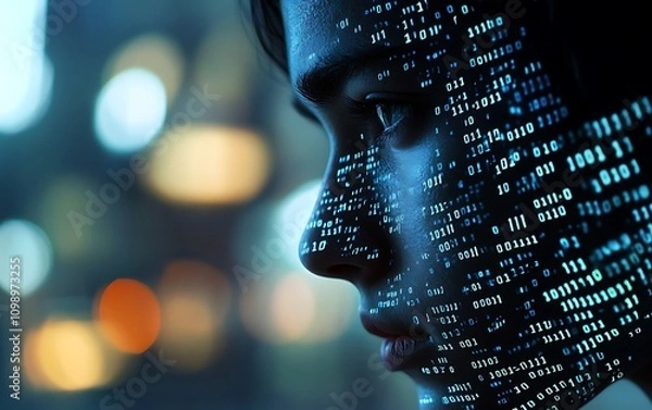 Fototapeta A dual-exposure shot of a person looking distressed while binary code overlays their face, representing privacy invasion through digital platforms, with empty corners for text
