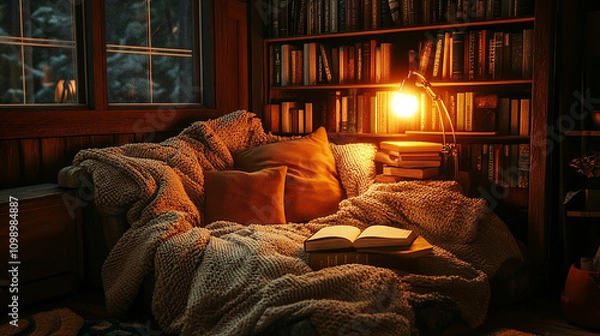 Fototapeta A cozy reading nook with soft blankets and warm light