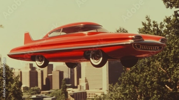 Fototapeta illustration of a retro sci-fi scene with flying cars, futuristic buildings, and vintage spacesuits, inspired by 1960s visions of the future.