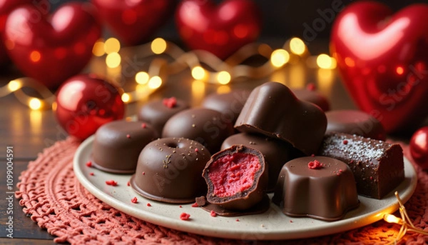 Fototapeta Heart-shaped chocolates with red filling and festive decor