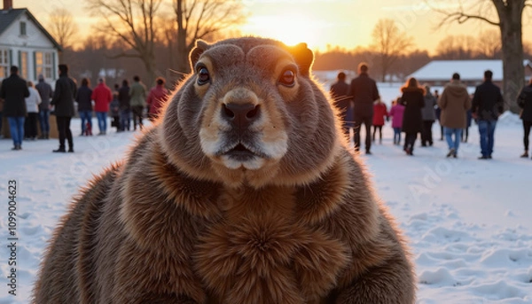Fototapeta Groundhog in snowy field during Groundhog Day event