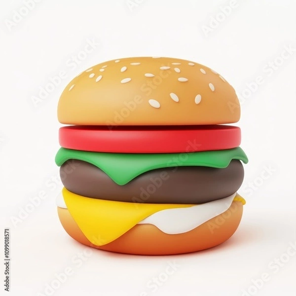 Fototapeta A colorful, cartoon-style burger with layers of toppings, designed for playful representation.