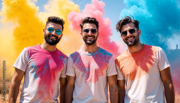 Obraz Friends in white t-shirts enjoying the vibrant festival of Holi with colorful powder splashes. 