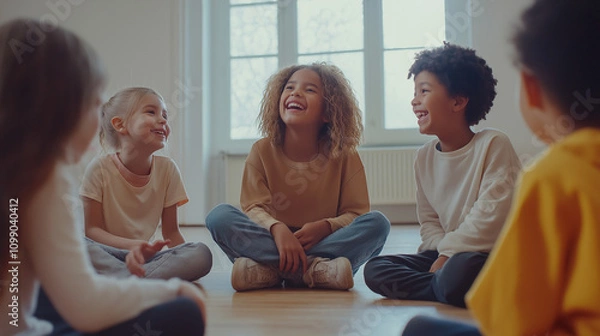 Fototapeta Diverse group of young children sit together in classroom.