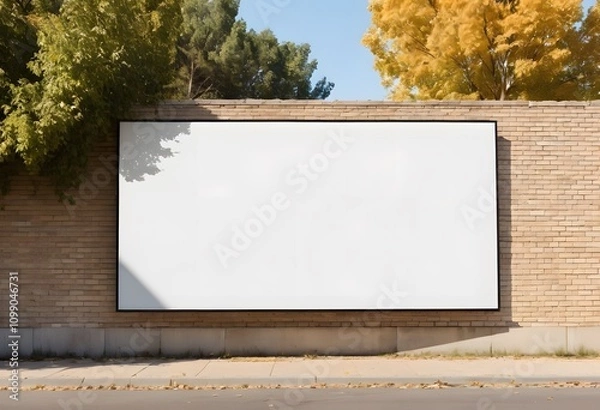 Fototapeta Empty billboard providing advertising space on a brick wall by a street with trees, perfect for showcasing marketing campaigns