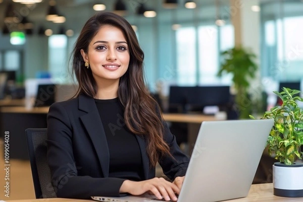 Fototapeta Smiling professional IT specialist business lady working on laptop pc sitting in modern office. Young middle eastern indian woman using computer technology for work.