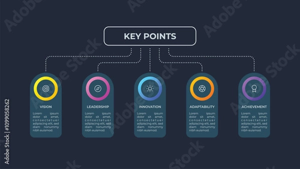 Fototapeta Dark Themed Gradient infographic design illustrating five key business points in a clear and organized layout. Ideal for presentations, reports, and strategic planning visuals.