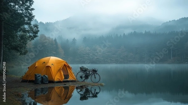 Obraz A serene lakeside scene featuring an orange tent and bicycle amidst foggy mountains.