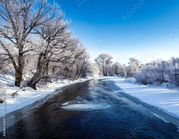 Fototapeta A serene winter scene with a winding river flowing through a snow-covered landscape. Frost-covered trees line the banks, creating a picturesque winter scene