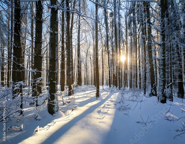 Obraz Snowy winter forest path with sunlit trees and icy landscape