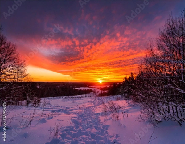 Obraz Frozen winter landscape with a breathtaking sunset over a serene river