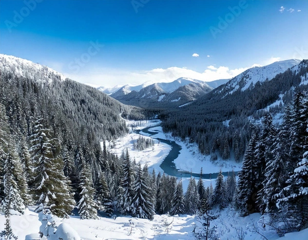 Fototapeta Winter wonderland: snow-kissed mountains, a serene forest blanketed in white