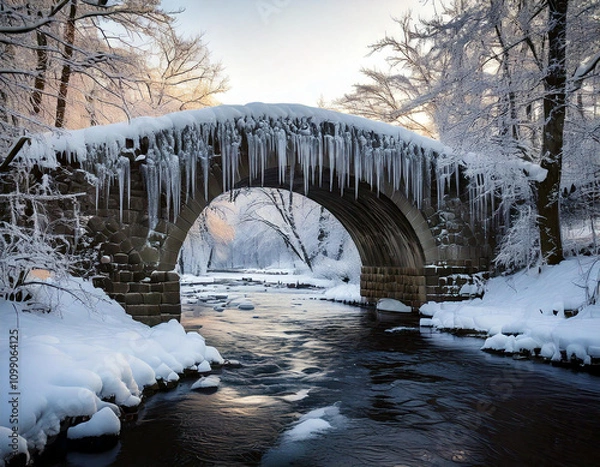 Fototapeta A stone arch bridge spans a wintery river, framed by snow-kissed trees and a vast, open landscape