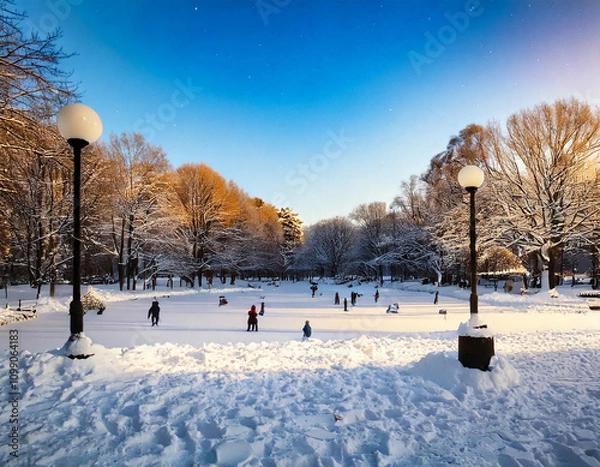 Fototapeta Frosty winter landscape with snow-covered trees and a winding road through a serene forest