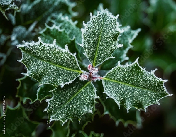 Fototapeta A close-up of holly leaves dusted with frost, capturing the beauty of winter.