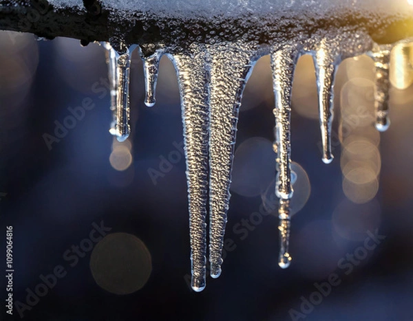 Fototapeta Close-up of glistening icicles hanging from a rooftop with a blurred background