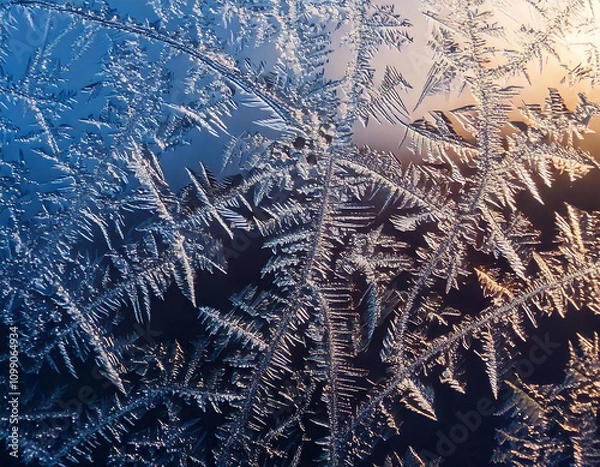 Obraz A close-up of delicate frost patterns on a windowpane, illuminated by the morning sun
