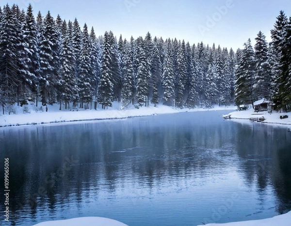 Fototapeta Serene winter landscape with a frozen lake reflecting snow-covered pine trees