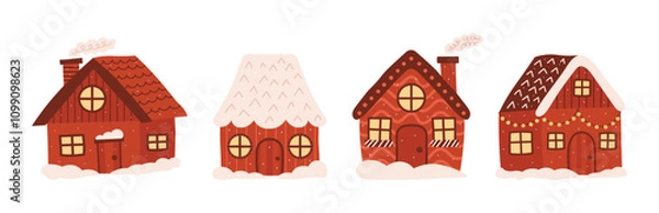 Obraz Winter woodland forest set of houses, huts with snow and smoke from chimney. Vector illustration for cards, scrapbooking, animation.
