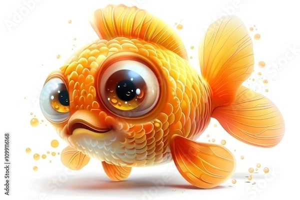 Fototapeta A cute, cartoon-style goldfish with big eyes and a whimsical expression.