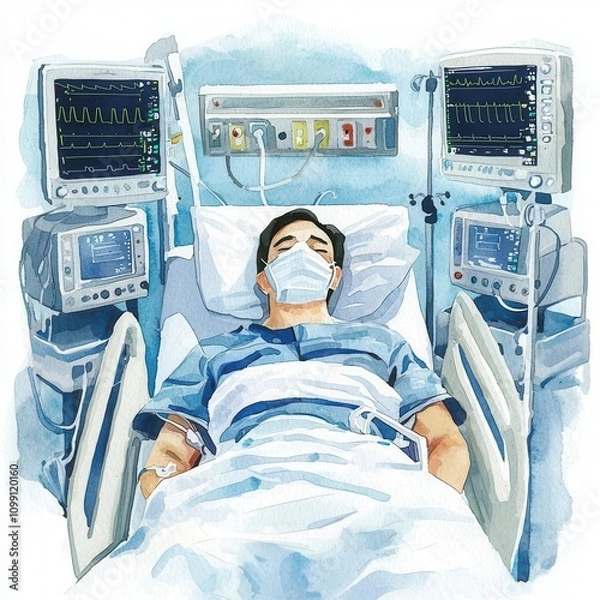 Fototapeta Intensive care unit, patient surrounded by monitors, attentive nurse, clean and sterile, watercolor style
