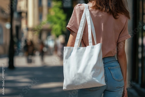Obraz Tote bag mockup featuring a girl carrying a reusable white cotton linen eco-friendly fabric canvas tote bag, set against a road background