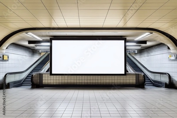 Fototapeta Empty subway station large blank white screen hanging billboard