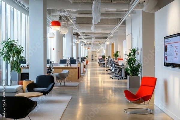 Fototapeta Modern office interior with workspaces, seating areas, and greenery.