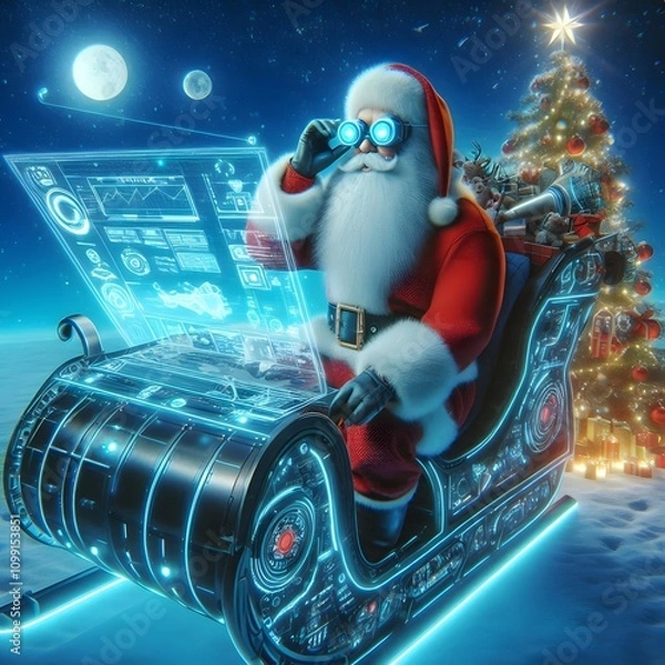 Fototapeta Futuristic Santa Claus in High-Tech Sleigh with Holographic Controls