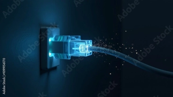 Fototapeta Illuminated unplugged network cable displaying severed data streams in a minimalist dark room