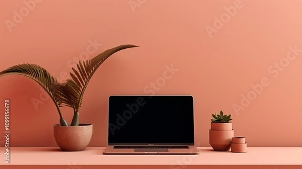 Obraz A laptop computer sits on a desk with a potted plant and succulent on either side, against a coral wall.