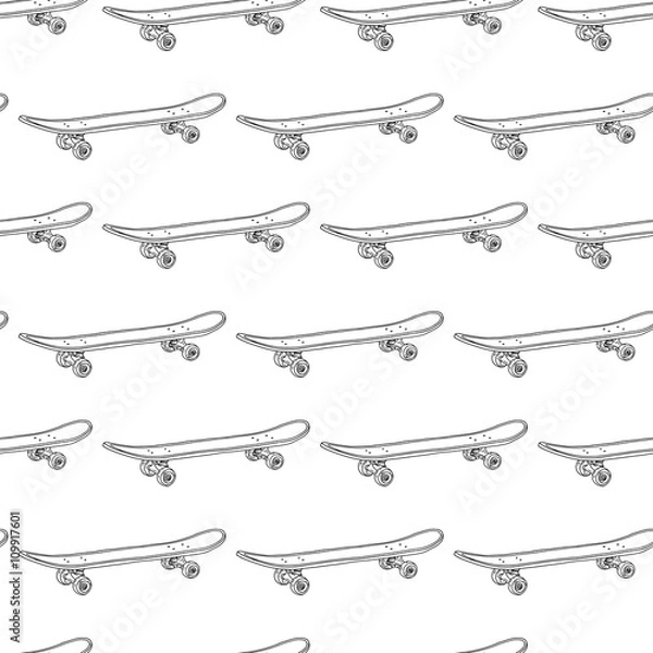 Fototapeta Seamless black-and-white pattern with skateboards. Pattern with skateboards for prints, fabric, stickers. Wallpaper with a pattern of skateboards in a linear style. Vector