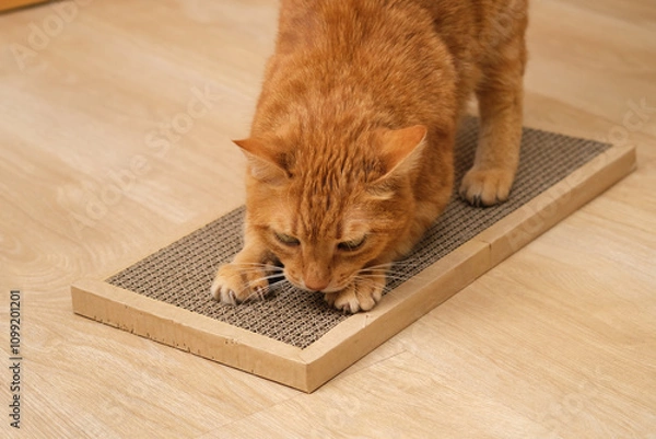 Fototapeta Ginger cat sharpens its claws on a cardboard scratching post. Cat behavior.