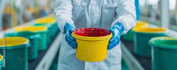 Obraz Worker holding paint bucket on conveyor