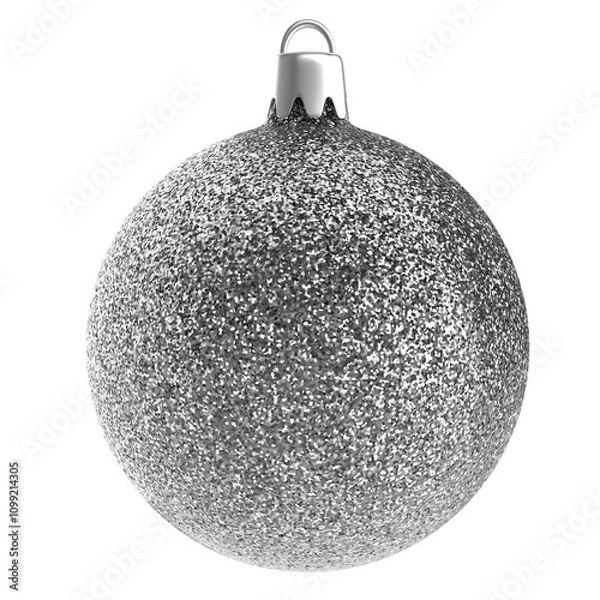 Obraz Christmas ball  silver glitter. Sphere christmas ball traditional realistic design element with silver metal glitter, shiny and sparkly isolated in white background. 3D render Xmas bauble mockup