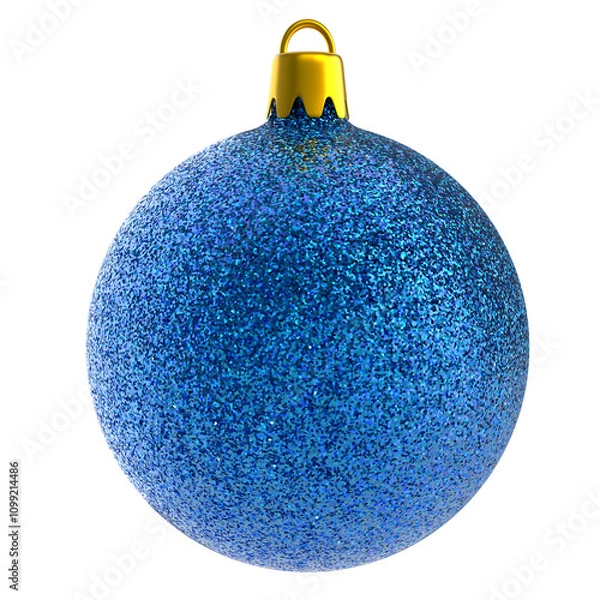 Obraz Christmas ball blue glitter. Sphere christmas ball traditional realistic design element with blue metal glitter, shiny and sparkly isolated in white background. 3D render Xmas bauble mockup