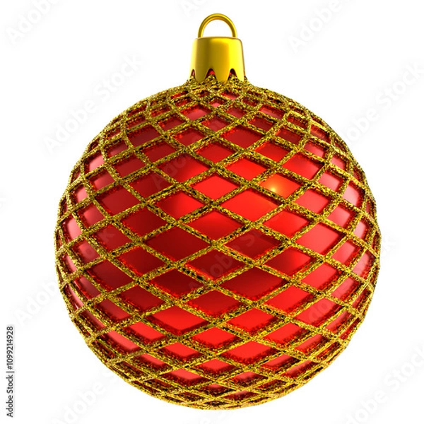 Obraz Christmas ball red glass and glitter lattice pattern. Christmas ball realistic design element with red metall glitter, shiny and glossy isolated in white background. 3D render Xmas bauble mockup