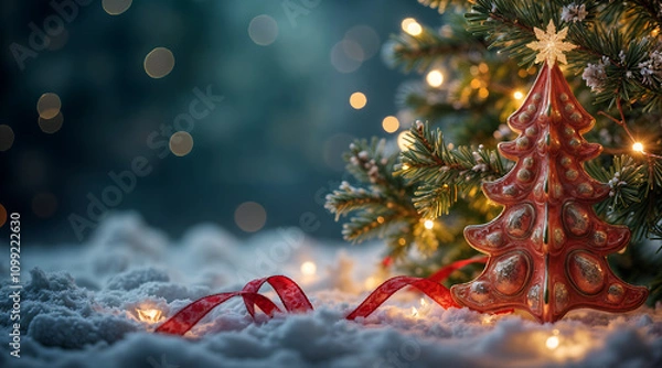 Fototapeta A rustic Christmas ornament stands next to a Christmas tree in the snow, illuminated by fairy lights, against a bokeh background.