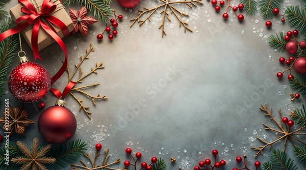 Fototapeta A Christmas-themed wallpaper background, with various Christmas decorations bordering a grey background with space for text.