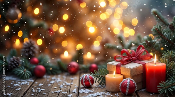 Fototapeta A holiday-themed Christmas wallpaper featuring candles, ornaments, and bokeh lighting arranged on a wooden surface..