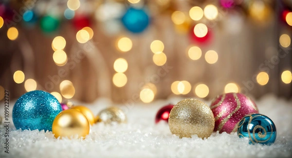 Fototapeta A shallow depth of field festive image of colorful Christmas balls on a white snowy surface, with bokeh lights in the background.