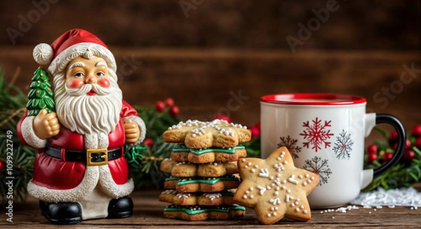 Fototapeta A rustic Christmas wallpaper of Christmas cookies and a cup of tea, next to a porcelain Santa Claus, against a blurred wooden background.