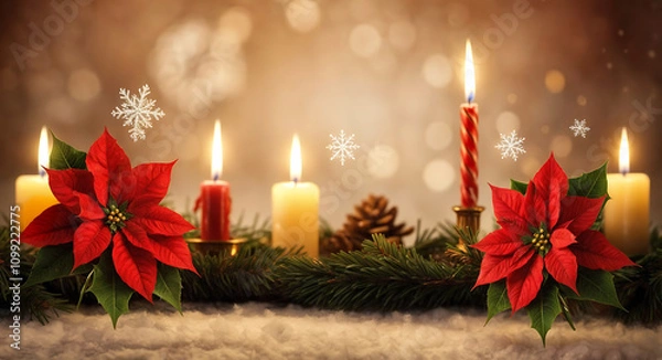 Fototapeta Burning and red Poinsettia flowers form the focal point of this festive Christmas wallpaper, with falling snowflakes and bokeh lights in the background.